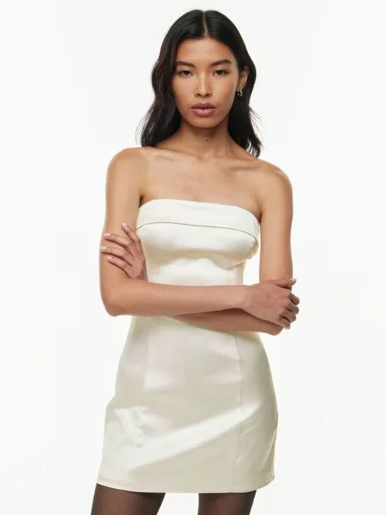 Aritzia Sunday Best Shimmer Satin Tube Dress Birch White Size 4 - Picture 3 of 10